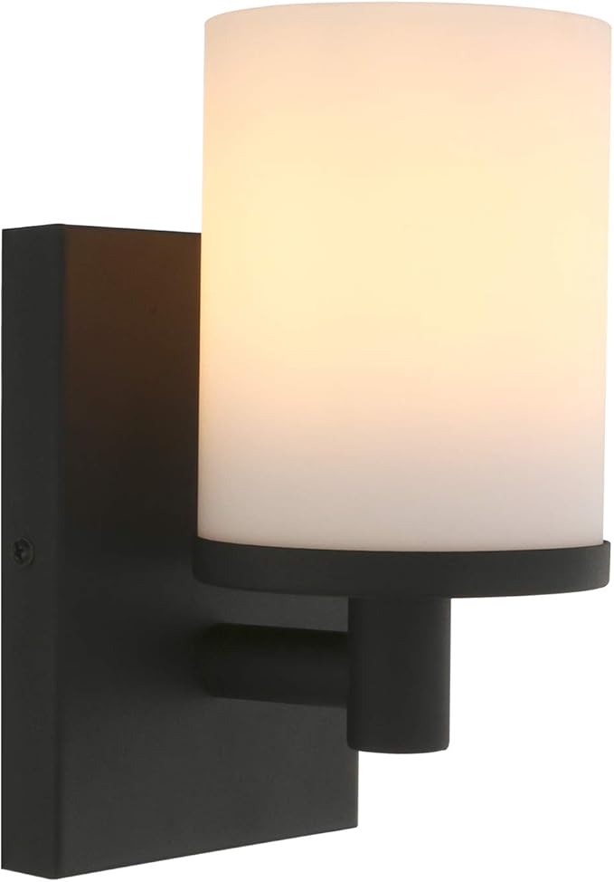 Pathson Vintage 1-Light Wall Sconce, Hardwired Bathroom Vanity Light, Frosted Glass Wall Mount Light Fixtures for Hallway Bathroom Kitchen Living Room (Black)