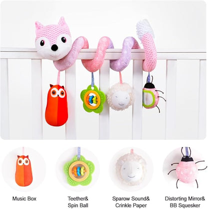 Koty Car Seat Toys, Infant Baby Spiral Plush Activity Hanging Toy for Stroller Bar Pram Crib with Music Box BB Squeaker & Rattles(Pink Fox)