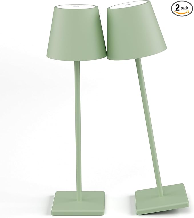 2-Pack LED Cordless Table Lamp, Rechargeable Battery Desk lamp 3W 5500mAh Battery Operated Stepless Dimming Modern Portable Table Light for Restaurant/Bedroom/Outdoor IP54 Waterproof (Green)