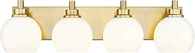 Bathroom Light Fixtures, 4 Light Brushed Gold Vanity Light, 26 Inch Modern Wall Sconces with Globe Milk White Glass Shade, Vanity Lighting Fixtures Over Mirror, VL195-BG-ML-4