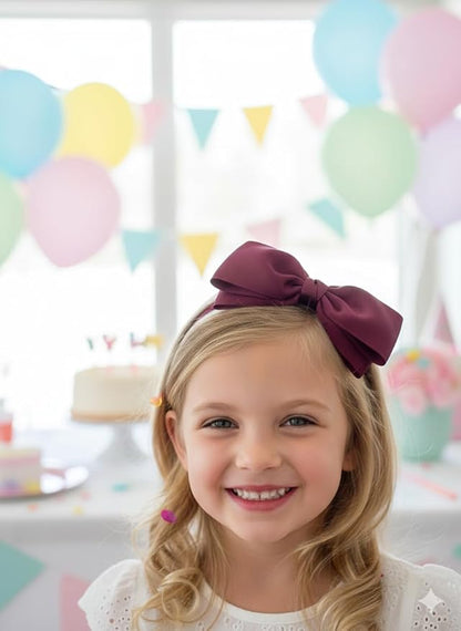 ClassExceed Burgundy Bow Headband for Girls 3–12 – Party & Recital Hair Bow, Solid Ribbon Kids Headband for Birthday Outfits