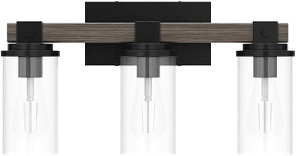 Bathroom Vanity Light Fixtures, Wooden Farmhouse Bathroom Lights over Mirror Vintage Rustic Sconces Wall Lighting 3-Light Industrial Matte Black Vanity Light for Bathroom Bedroom Hallway Kitchen