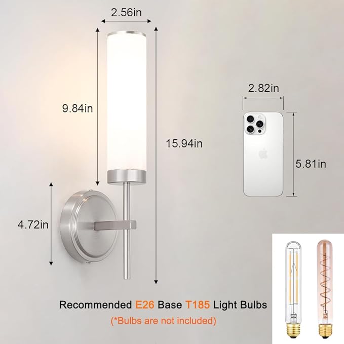 Brushed Nickel Wall Sconces Set of 2, Modern Bathroom Sconces Wall Lighting with Opal White Glass, Vanity Light Fixtures for Bathroom, Wall Mount Lights for Living Room Bedroom Hallway, Hardwired