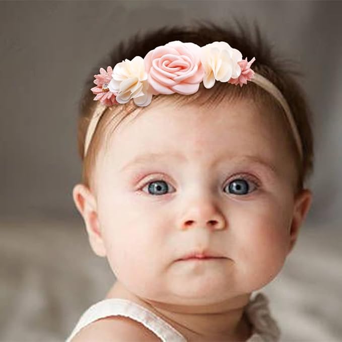 Mealah Baby Girls Flower-Headband Elastic-Nylon Hairbands Floral Crown for Newborn Infant Toddler Pack of 3