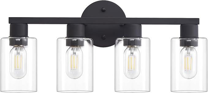 4 Light Bathroom Vanity Light, Matte Black Bathroom Light Fixtures with Clear Glass Shade, 4-Light Vanity Lights, Black Lighting Fixtures for Bath Mirror Bedroom Living Room Hallway Porch