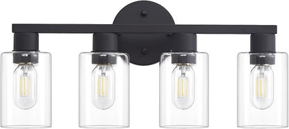 4 Light Bathroom Vanity Light, Matte Black Bathroom Light Fixtures with Clear Glass Shade, 4-Light Vanity Lights, Black Lighting Fixtures for Bath Mirror Bedroom Living Room Hallway Porch