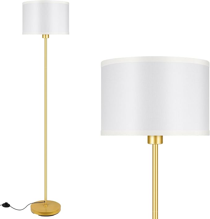 Gold Floor Lamps for Living Room, Modern Standing Lamp, White Lamp Shades, Foot Switch, Simple Pole Lamps Tall Lamp for Bedroom,Office/Living Room/Nightstand, Boho Reading Lamp(Bulb Not Included)