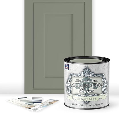 ALL-IN-ONE Paint, Durable cabinet and furniture paint. Built in primer and top coat, no sanding needed. Includes our 30 featured color card - Simply Sage (gray green), Quart