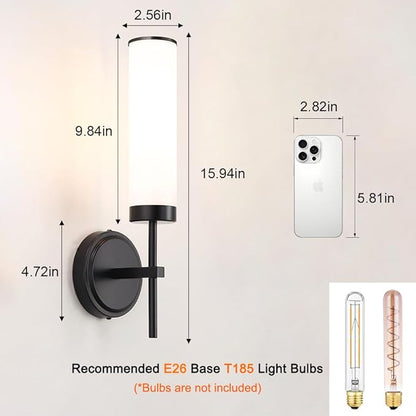 Matte Black Wall Sconces Set of 2, Modern Bathroom Sconces Wall Lighting with Opal White Glass, Vanity Light Fixtures for Bathroom, Wall Mount Lights for Living Room Bedroom Hallway, Hardwired