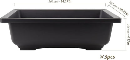 3 Pack 14 Inch Large Bonsai Pots, Rectangular Built in Mesh Plastic Bonsai Training Pots with Trays, Plant Flower Tree Growing Bonsai Planter for Garden Supplies, Yard, Office, Room, Balcony