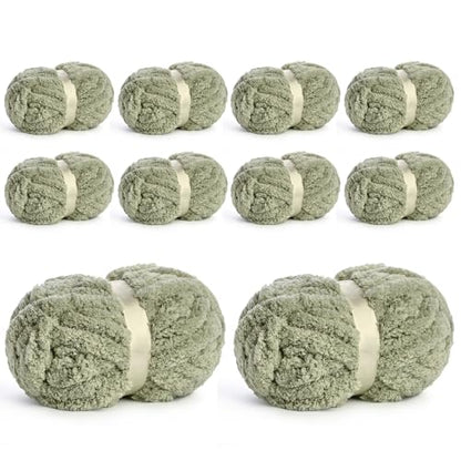 10 Pack Jumbo Chenille Yarn for Crocheting, #10 Super Bulky Baby Soft Yarn for Hand Knitting, 220 yds /70.5 oz Fluffy Chunky Knit Throw Blanket Yarn (Sage Green) - color: Sage Green