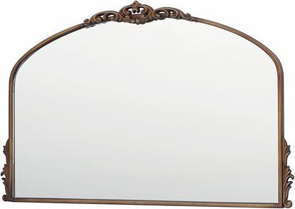 Distressed Antique Brass Wall Mirror Wide - 36x24 inch, Large Vintage Gold Fireplace Mantle Mirror, Baroque Ornate Decorative Bathroom Mirror for Over Sink