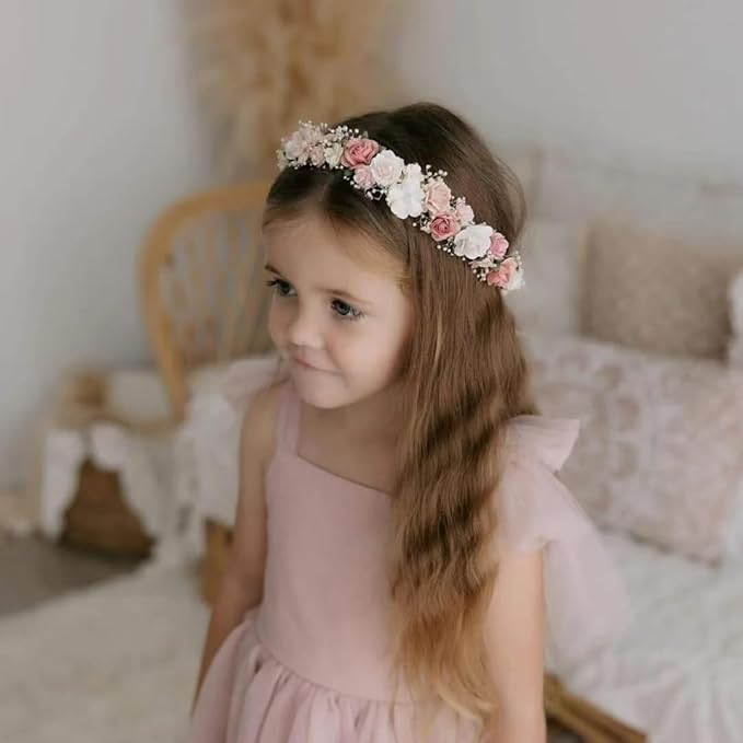 White Flower Girl Crown with Baby's Breath Headpiece Young Girl Communion Floral Hair Wreath Rustic Wedding Hair Accessories Headband for Child(43cm length)