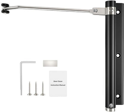 Automatic Door Closer, Stops Door Slamming, Ultra-Quiet Soft Close for Home & Apartment Doors, Upgraded Aluminum Roller Arm, Scratch-Free, Adjustable Speed, Self Closing Spring Door Closer, Black