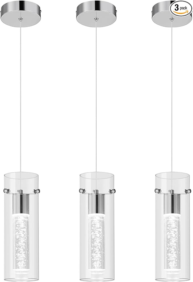 Pendant Ceiling Light Fixture for Kitchen Island, Chrome Pendant Light Integrated LED Hanging Light with Crystal Bubble Glass Pendant Light Modern Pendant Lights Kitchen Island (3-Pack)