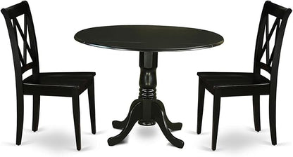 East West Furniture DLCL3-BLK-W 3 Piece Kitchen Table Set for Small Spaces Contains a Round Dining Room Table with Dropleaf and 2 Solid Wood Seat Chairs, 42x42 Inch, Black