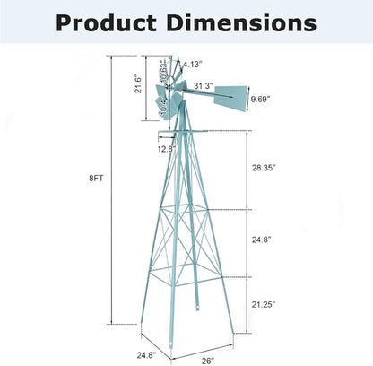 8FT Windmill for Yard Garden Decoration with Weather Vanes，Heavy Duty Outdoor Wind Mills, Large Metal Outdoor Windmill,Weather Resistant,Blue