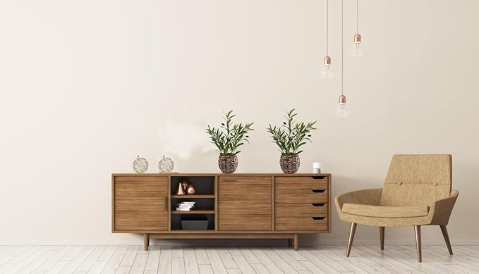 Indoor Fake Olive Plants 17.7 inches Tall Lifelike Artificial Olive Plants with Cyan Fruits in Brown Rattan Planter for Shelf Office Desk Kitchen Counter Small Space Artificial Plant Decor