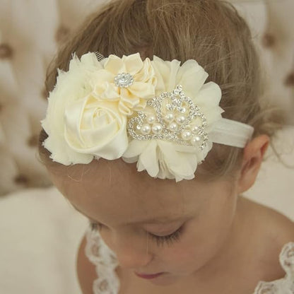 Nishine Baby Christening Headband Toddler Girls Fabric Flower Headband Tiara Stretchy Elastic in Pairs (Child, White/Ivory)