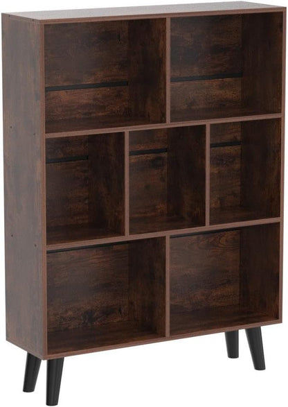 LEYAOYAO Cube Bookshelf 3 Tier Mid-Century Rustic Brown Modern Bookcase with Legs,Retro Wood Bookshelves Storage Organizer Shelf,Freestanding Open Book Shelves for Bedroom,Living Room,Office