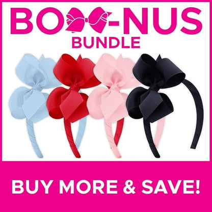 Wee Ones Girls' Classic Grosgrain Headbands with Grosgrain Bows and a Plain Wrap Center, 4 Pack, Medium Bows, Millennium Blue, Red, Light Pink, and Navy