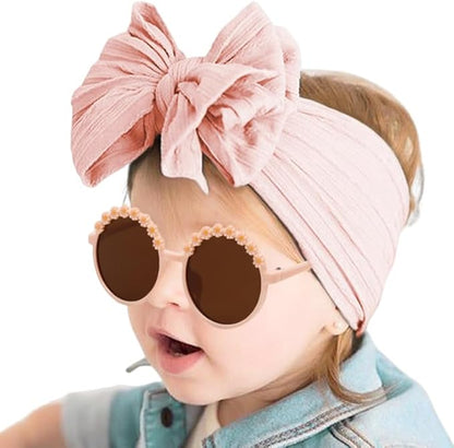 Baby Girls Soft Bows Headband and Daisy Flower Sunglasses Set Hair Bow Headwrap Hair Accessories for Toddler Infant