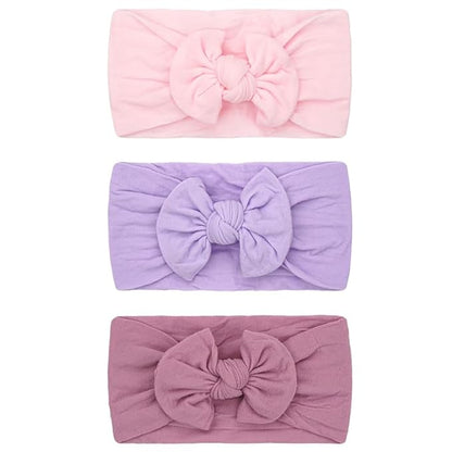 JOYOYO 3 Colors Soft Wide Turban Baby Headbands with 4.5 inches Hair Bow Headbands for Baby Girls Infants Newborn Hair Accessories Toddlers Kids and Children(Pink Purple Purple)