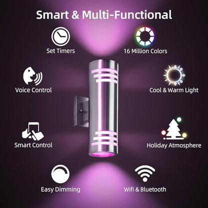 SHIMR Smart Outdoor Wall Lights RGBCW, Modern Color Changing Outdoor Sconce Cylinder Stainless Steel Exterior Light Fixture with Remote, Up and Down Outside Lights for House Home Theater Lighting
