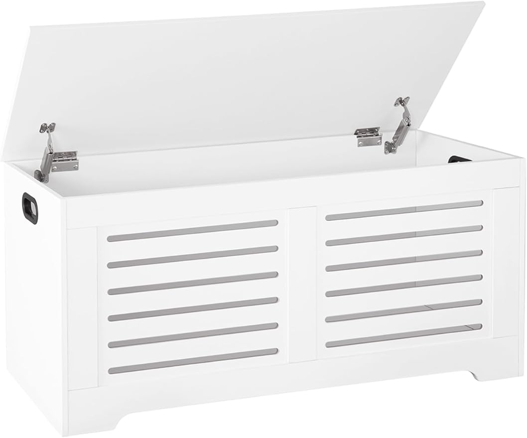 DINZI LVJ Storage Chest, 43.3” Wooden Toy Box with 2 Safety Hinges, Retro Entryway Shoe Storage Bench with Flip-Top, Sturdy Large Storage Trunk for Living Room, Bedroom, Easy Assembly, White