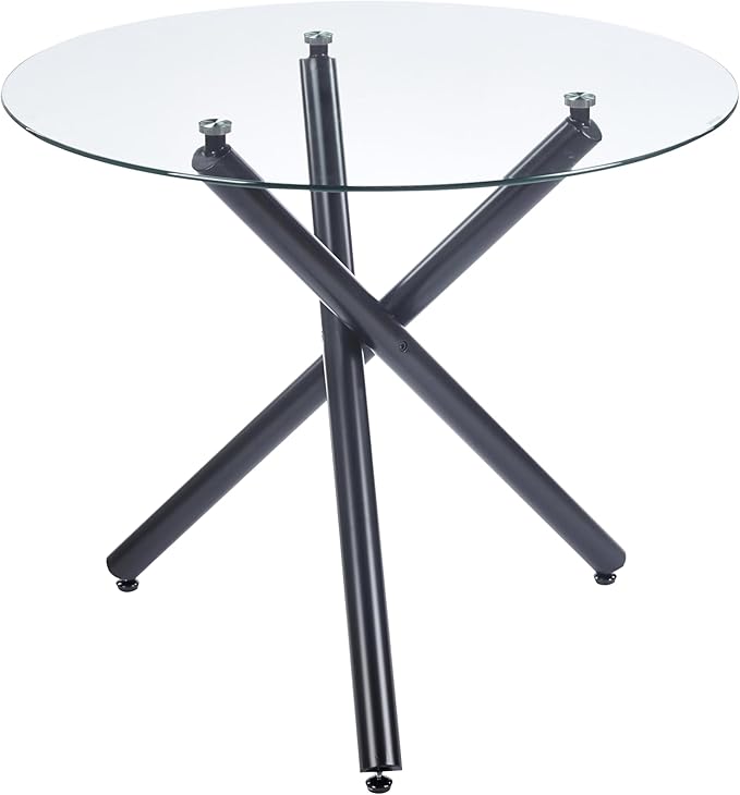 Kitchen Table Classic Dining Table for 4 Round Glass Dining Table 35.43" Kitchen & Dining Room Tables with Metal Legs and Glass Tabletop for Dining Room and Apartment, Black