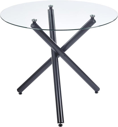 Kitchen Table Classic Dining Table for 4 Round Glass Dining Table 35.43" Kitchen & Dining Room Tables with Metal Legs and Glass Tabletop for Dining Room and Apartment, Black