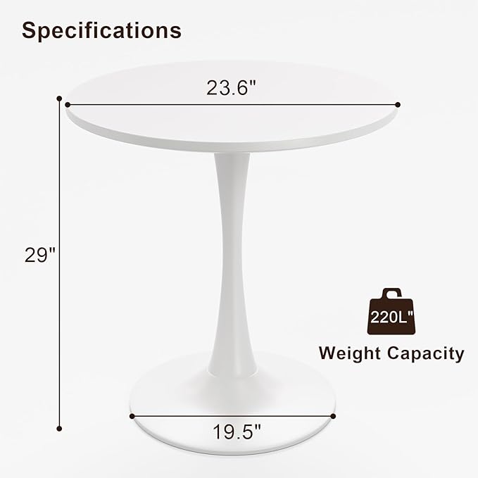 White Round Dining Table for 2 Person, 24 Inch Small Tulip Table with Pedestal for Living Room, Mid Century Modern Kitchen Tables for Office, Bistro, Pub, Bar, Wood Circle Cafe Tables,mesas de comedor