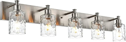 BONLICHT 5 Lights Sconces Wall Lighting Brushed Nickel with Hammered Glass Shade, Industrial Bathroom Light Fixtures Vanity Lights Porch Light Fixtures Classic Metal Wall Mount Lamp Over Mirror