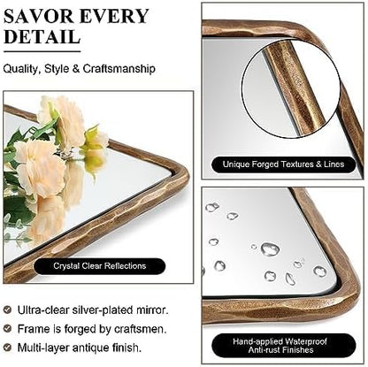 ANDY STAR Hand-Forged Gold Bathroom Mirrors for Wall, 24x36 Inch Vintage Solid Steel Metal Frame Bathroom Vanity Mirror, Antique Rounded Rectangle Wall Mirror, Hangs Horizontally or Vertically