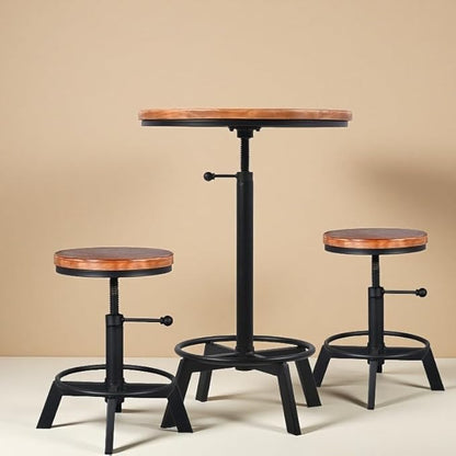 Vintage Bar Table 30-35.4inch Height Adjustable Industrial Bistro Table Retro Dinning Table for Kitchen Coffee House Pub Swivel Wooden Top