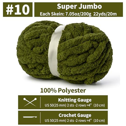 10 Pack Jumbo Chenille Yarn for Crocheting, #10 Super Bulky Baby Soft Yarn for Hand Knitting, 220 yds /70.5 oz Fluffy Chunky Knit Throw Blanket Yarn (Olive Green) - color: 10 Olive Green
