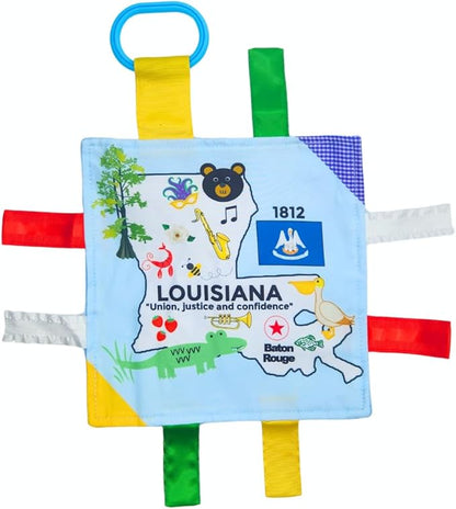Baby Jack & Co 8x8” Learning Lovey Louisiana State Tag Stroller Toy for Babies - Crinkle Toys for Developing Five Senses - Learn About Capitals - Travel with Baby Jack - BPA Free Clip