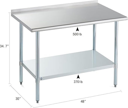ROCKPOINT Stainless Steel Table for Prep & Work with Backsplash 30x48 Inches, NSF Metal Commercial Kitchen Heavy Duty Table with Adjustable Under Shelf and Table Foot for Restaurant, Home and Hotel