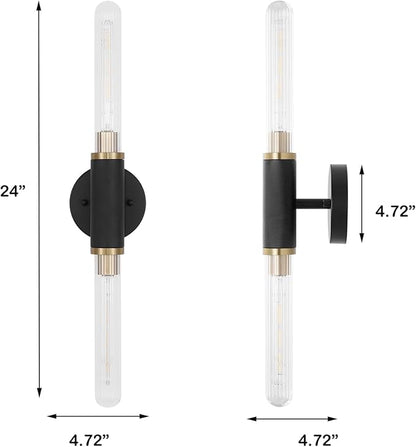Modern Wall Sconces 24" Knurled Texture Cylinder Bathroom Vanity Lights Fixtures with Clear Striped Glass Shade 2-Lights Brushed Brass Gold Black Indoor Wall Lighting for Bedroom Hallway