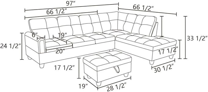Grey-1 L-Shaped 3-Piece Linen Sofa with Storage Ottoman Set, Sectional Couch Sofa Set for Living Room, Office, Small Space