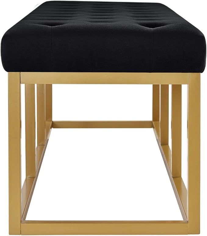 24KF Upholstered Tufted Long Bench with Golden Metal Leg, Black Velvet Bench with Padded Seat-Black