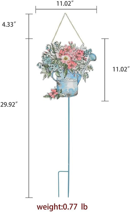 All Chic Garden Decor for Outside, 29” Decorative Garden Stakes Metal Embossed Watering Can with Flowers for Spring Decor, Yard Art Stakes for Outdoor Lawn Backyard Porch Pathway Decorations