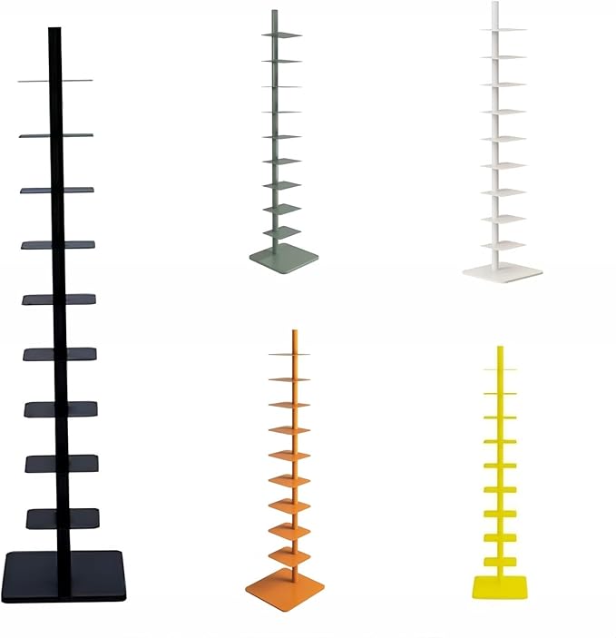 9-Tier Spine Bookshelf Metal Bookcase 5 Colors Vertical Bookshelf Tower Rotating Tall Narrow Bookshelf Ladder Book Rack Indoor (Black)