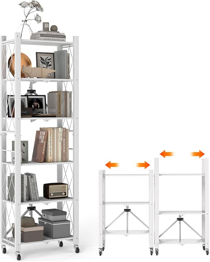 BAYOYONI 6 Tier Industrial Bookshelf - Storage Shelves with Two Usage Modes - Foldable Metal Bookshelves for Living Rooms, Offices, and Bedrooms (White, 6 Tier)