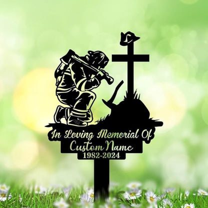 Personalized Fireman Memorial Metal Stake – Custom Firefighter Plaque with Stake, Firefighter Grave Marker, Cemetery Stakes Decor (Fireman Kneeling Memorial)