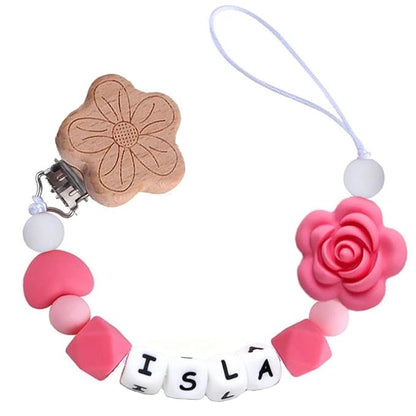 Personalized Flower Pacifier Clip Custom Baby Name Personalized Baby Gift Flower Pacifier Holder Beech Wooden Clip (Style 1)