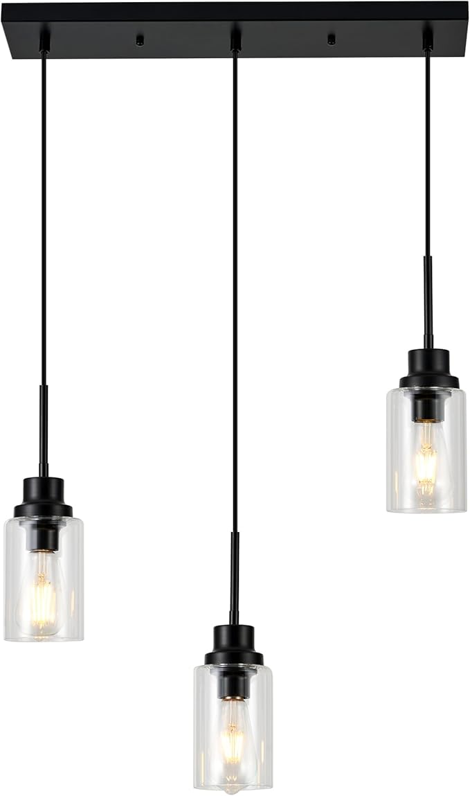 3-Lights Pendant Light Fixtures, Modern Black Kitchen Island Lighting with Clear Glass Shade, Adjustable Hanging Ceiling Lamp