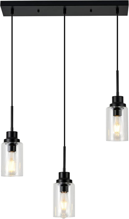 3-Lights Pendant Light Fixtures, Modern Black Kitchen Island Lighting with Clear Glass Shade, Adjustable Hanging Ceiling Lamp