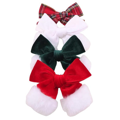 Christmas Velvet Bow Hair Clips and Accessories for Girls and Baby Mom - Xmas Plaid Red Green White Santa Bow (4 Pack)