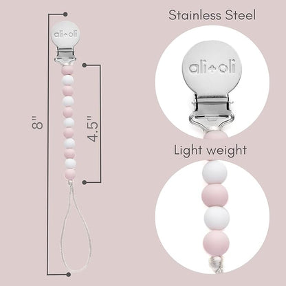 Ali+Oli Silicone Pacifier Clip for Baby (Thin Pink) 100% Food-Grade BPA Free Newborn Pacifier Holder Infant Binky Clip for Baby for Baby Boy or Girl